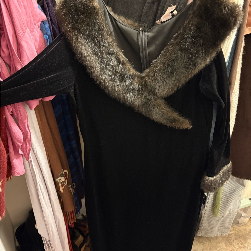 Brandy Melville Black One Shoulder Dress with Fur Trim